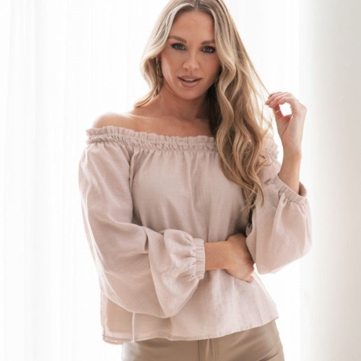 Fly With Me Off Shoulder Linen Top Tan