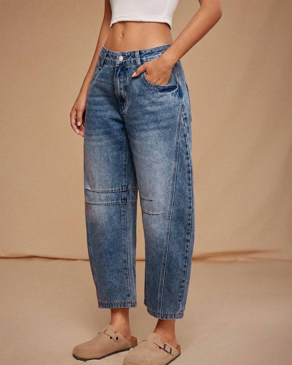 Mid Rise Barrel Denim Jeans Blue