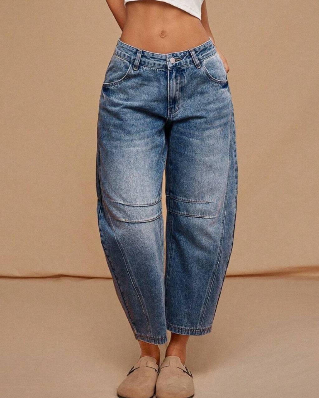 Mid Rise Barrel Denim Jeans Blue
