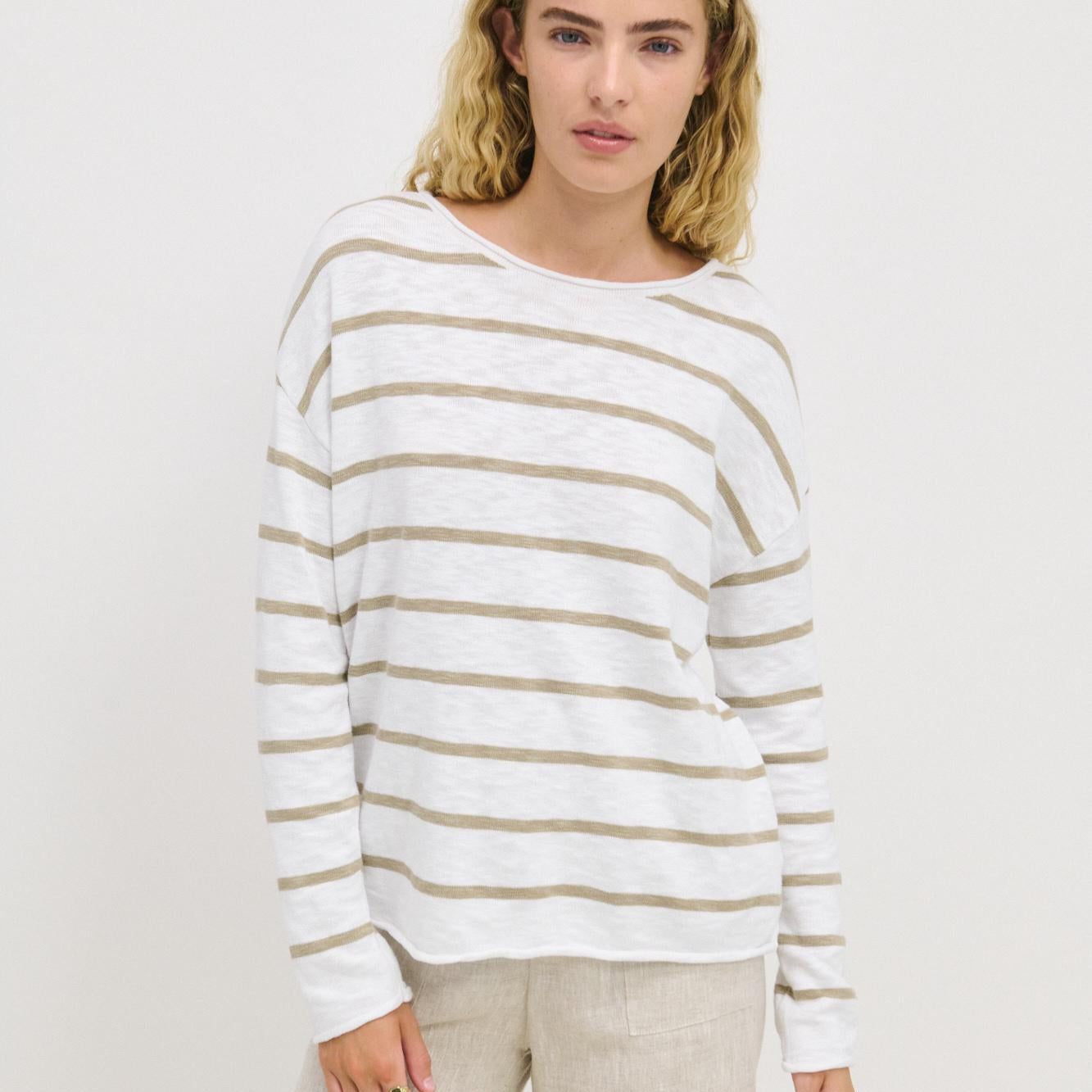 Minnie Stripe Khaki Top 100% Cotton