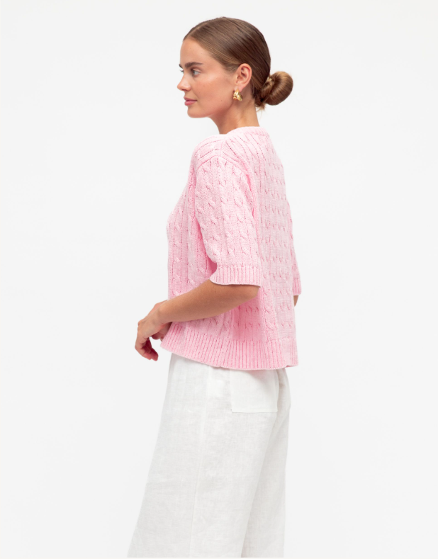 Ella Cable Knit Cardigan Pink 100% Cotton