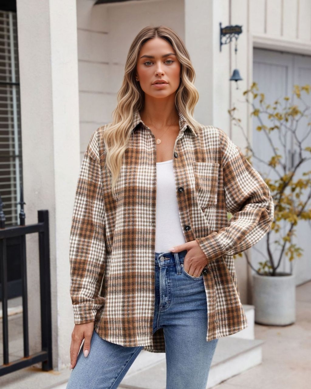 Beige Checked Shacket - Desert to Ocean