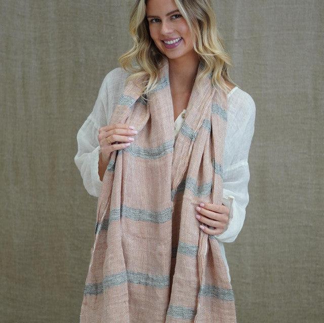 Dolce Scarf Pink & Grey Stripe 100% Linen