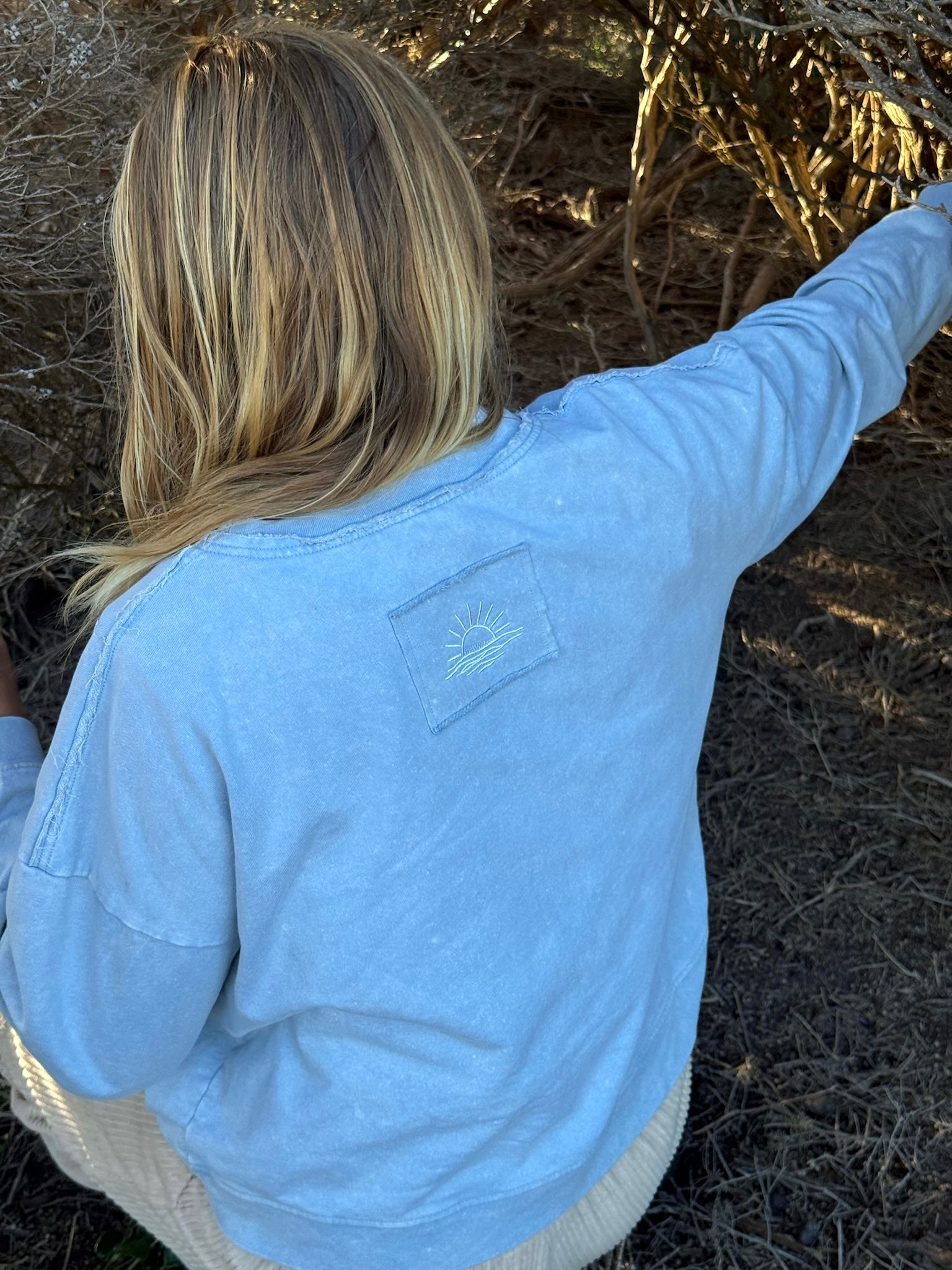 A person viewed from behind wearing a light blue long-sleeve sweatshirt with a small embroidered logo patch on the upper back, standing outdoors among dry grass.
