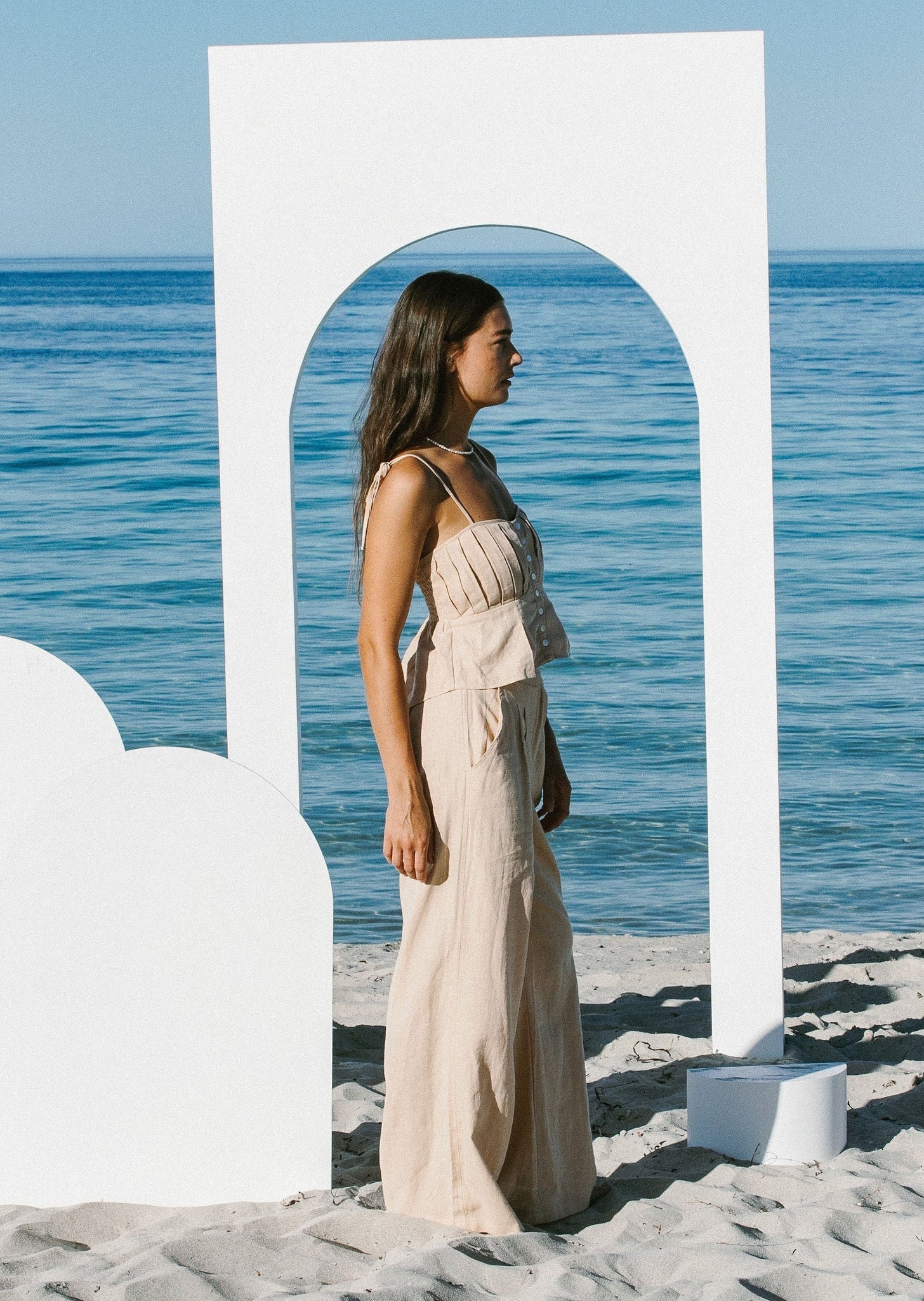 SALT Linen Pleat Cami Sand - Desert to Ocean