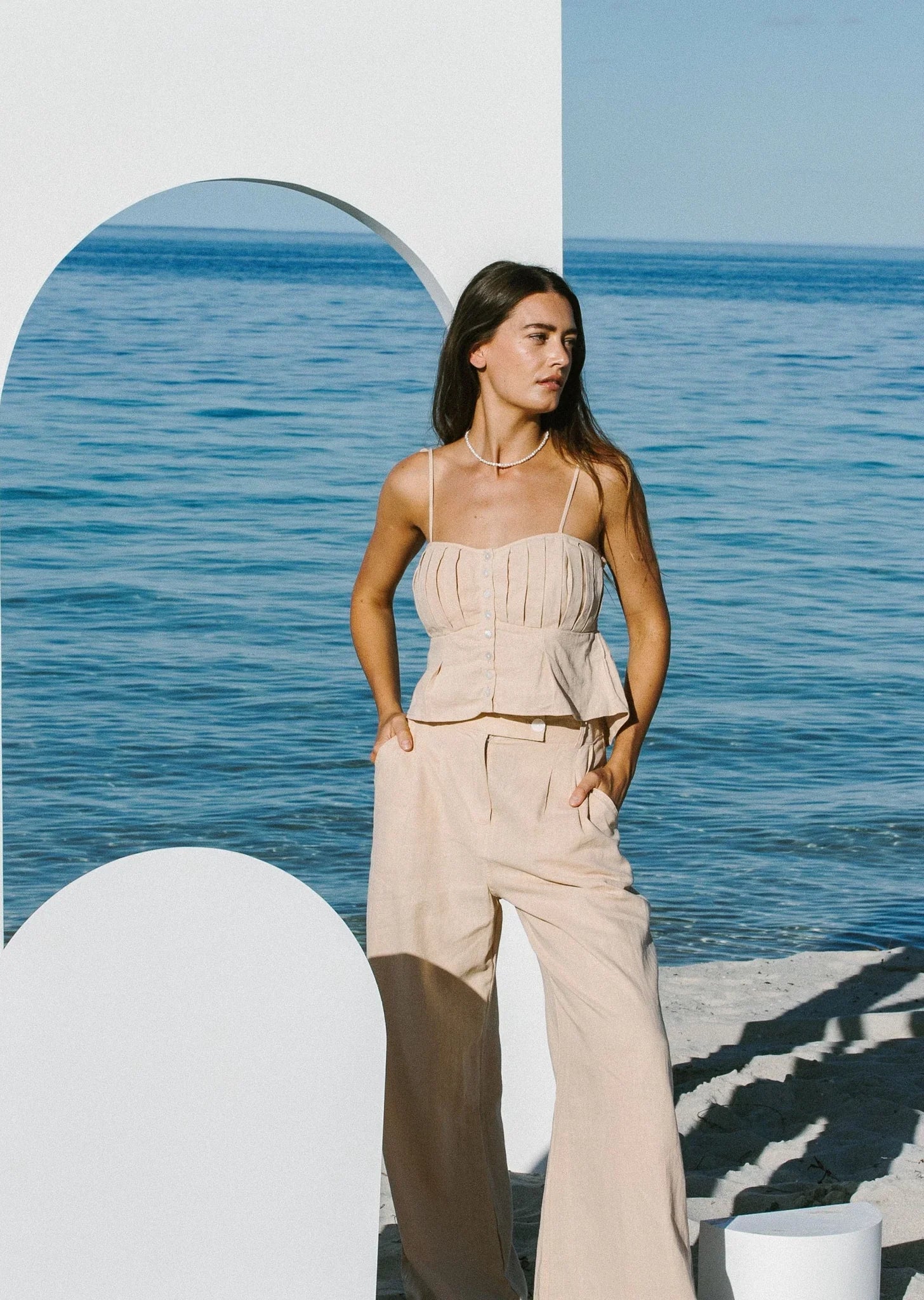 SALT Linen Pleat Cami Sand - Desert to Ocean