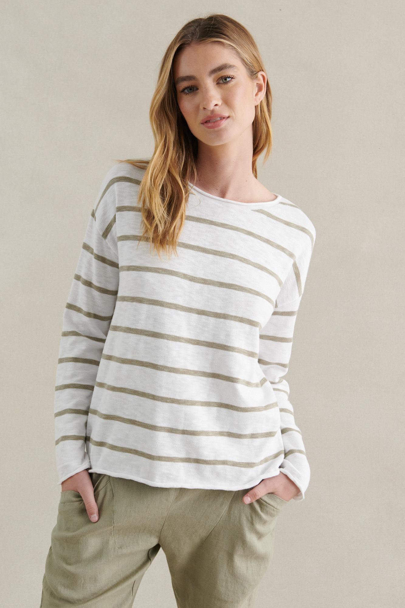 Minnie Stripe Khaki Top 100% Cotton