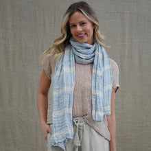 Load image into Gallery viewer, Dolce Scarf Blue &amp; White Stripe 100% Linen
