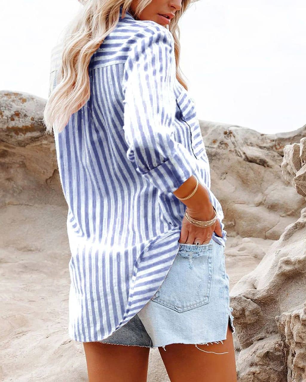 Bay Striped Cotton Shirt Denim Blue