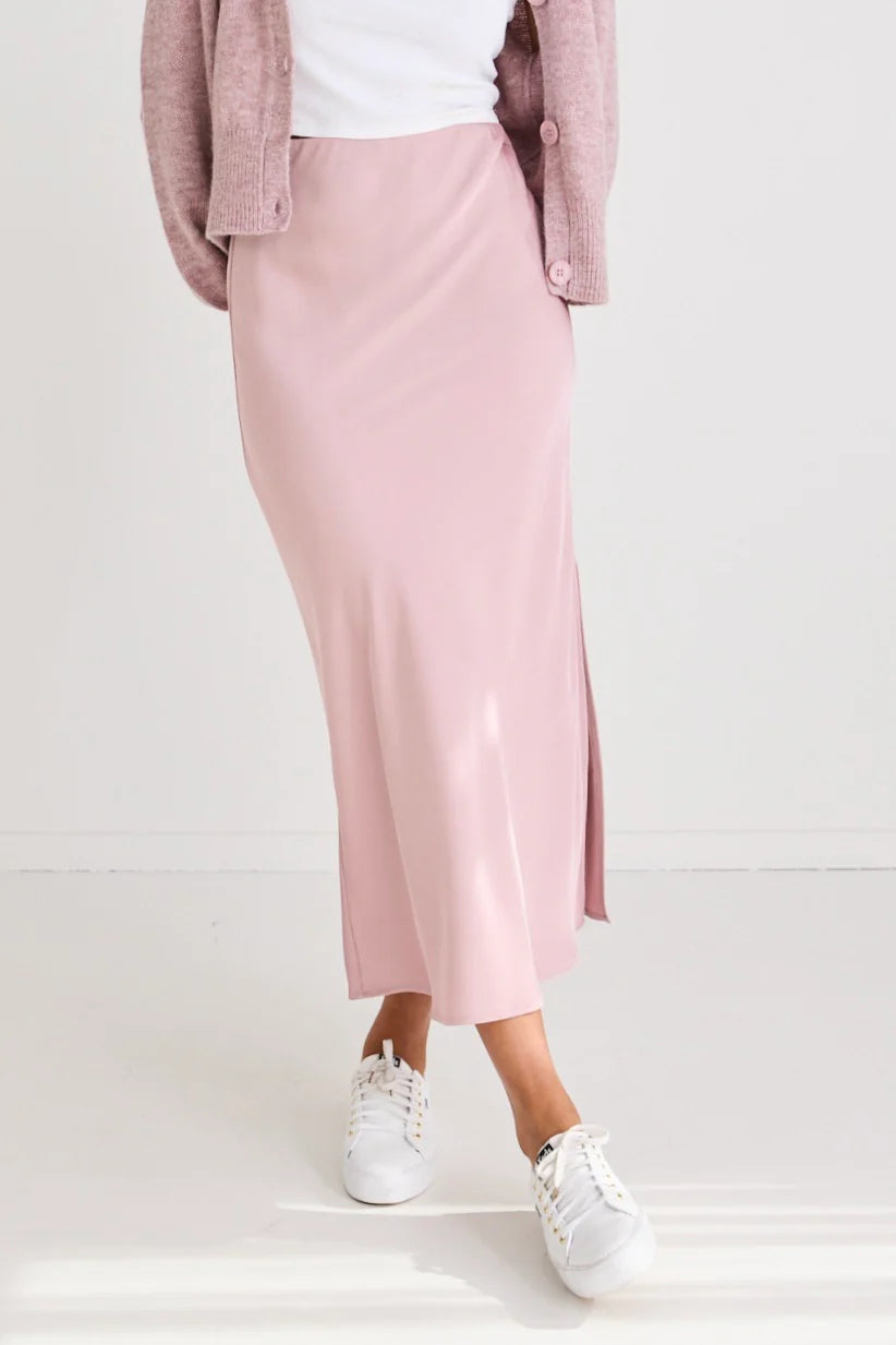 Blush Satin Side Split Bias Midi Skirt