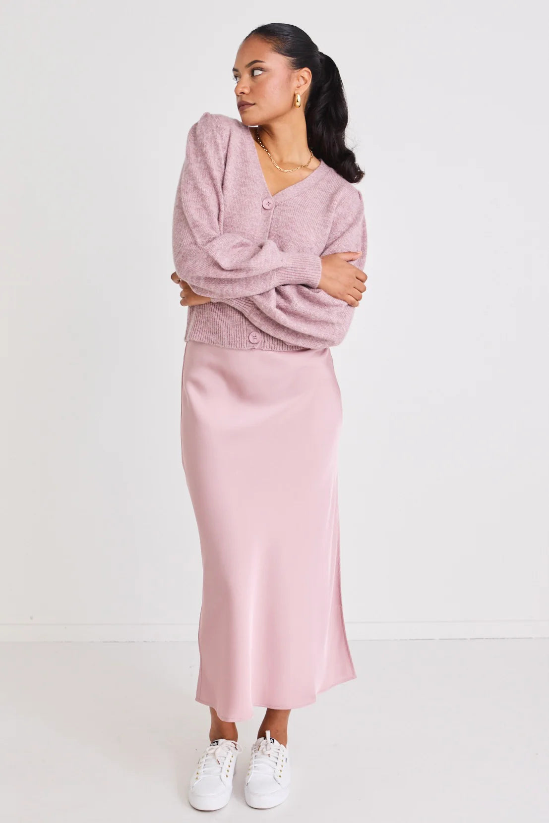 Blush Satin Side Split Bias Midi Skirt