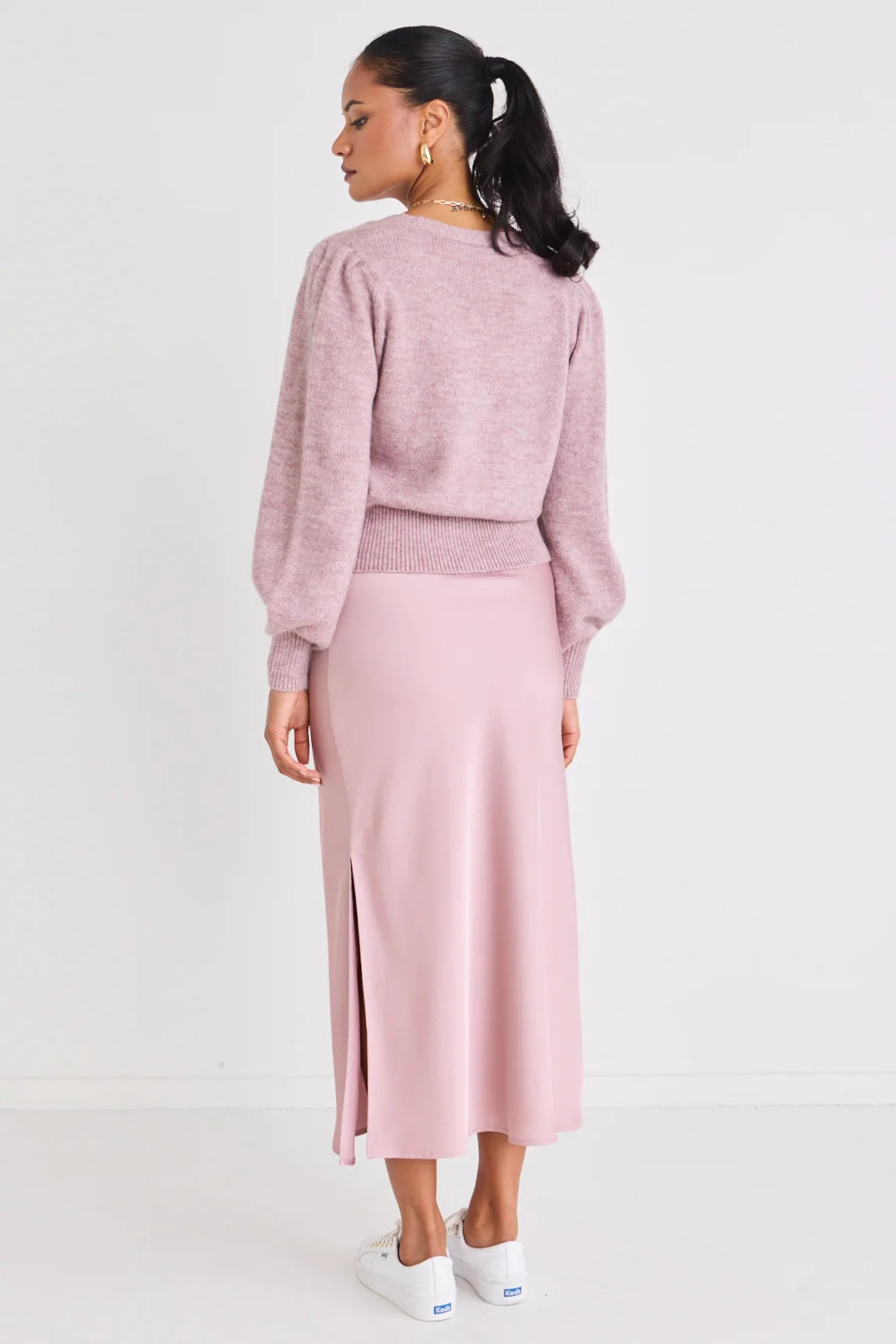 Blush Satin Side Split Bias Midi Skirt