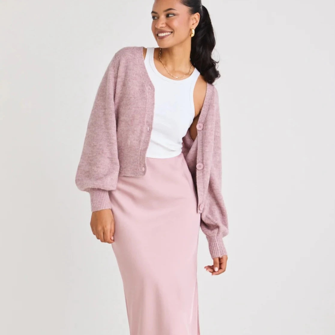 Blush Satin Side Split Bias Midi Skirt
