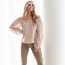 Load image into Gallery viewer, Fly With Me Off Shoulder Linen Top Tan
