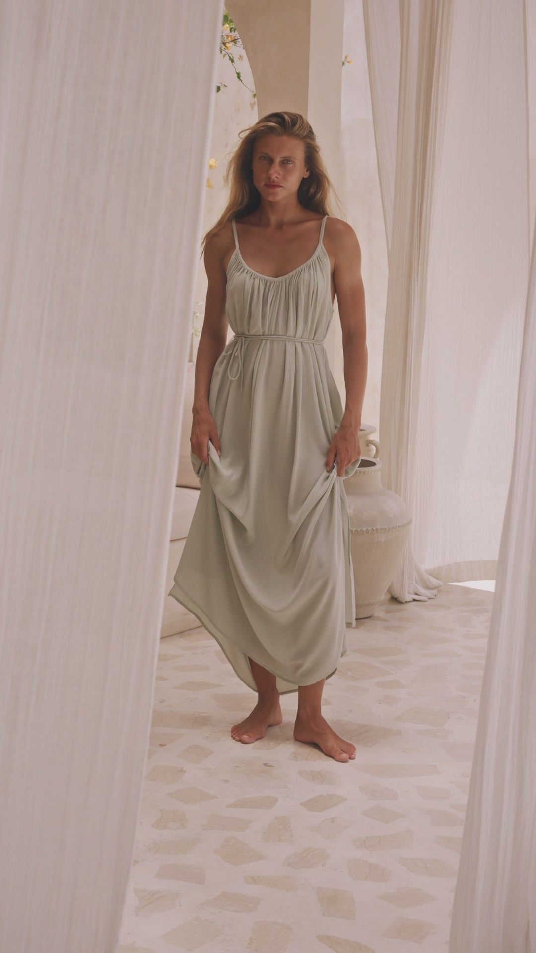 Load video: Solare Maxi Slip Dress Seafoam