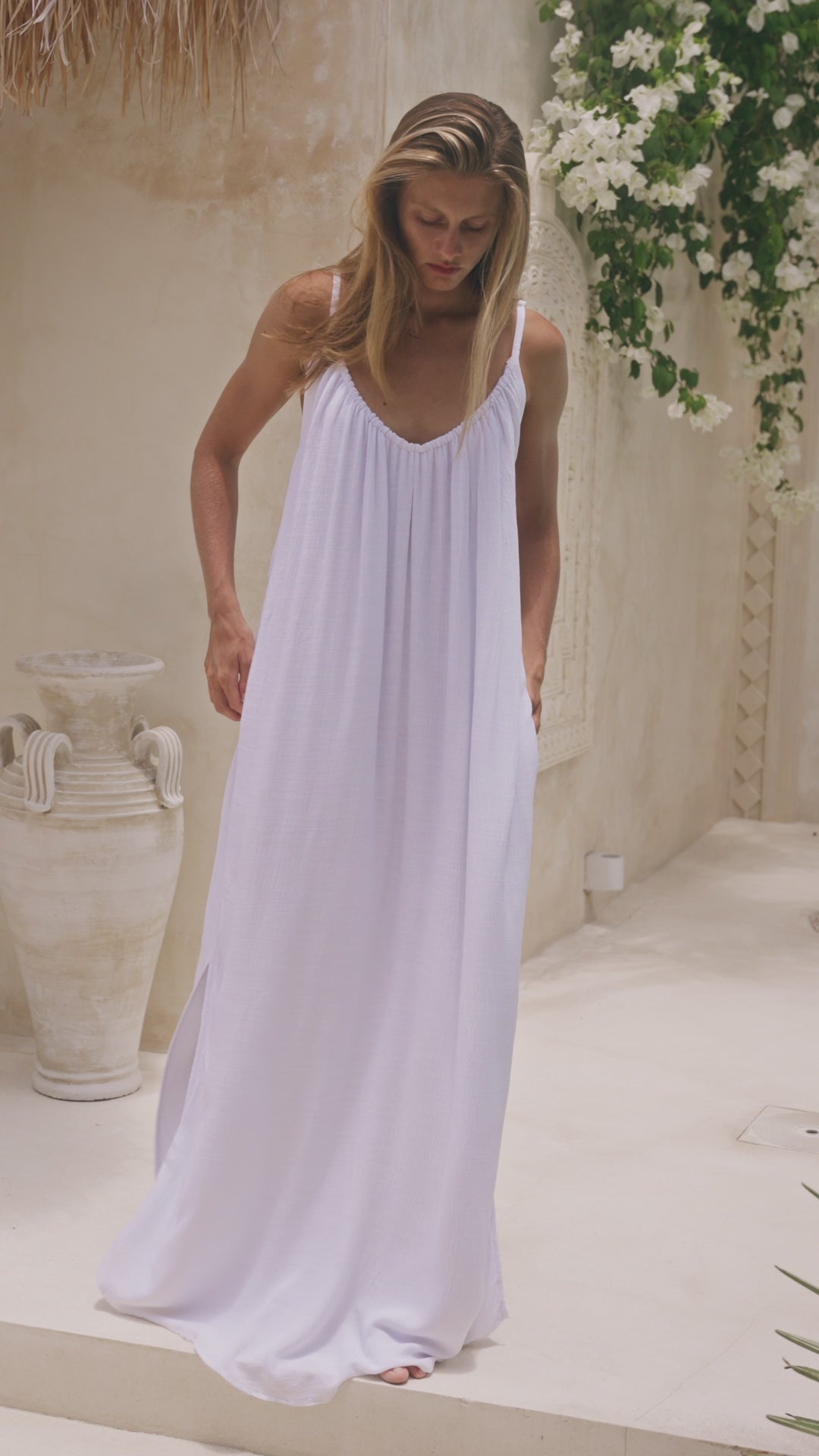 Load video: Solare Maxi Slip Dress White