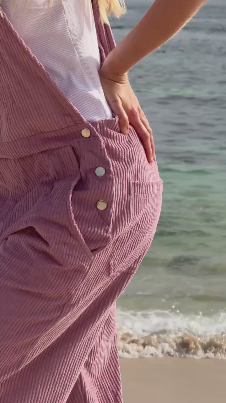 Load video: Denmark Cord Overalls Bordeaux