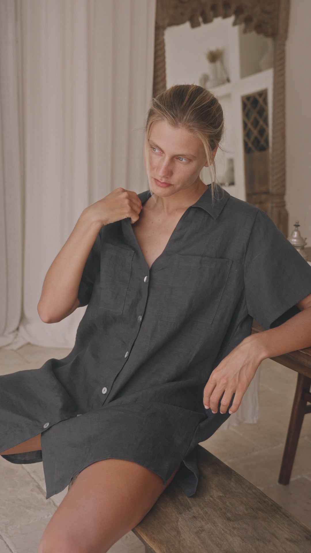 Load video: Grace Mini Shirtdress Driftwood