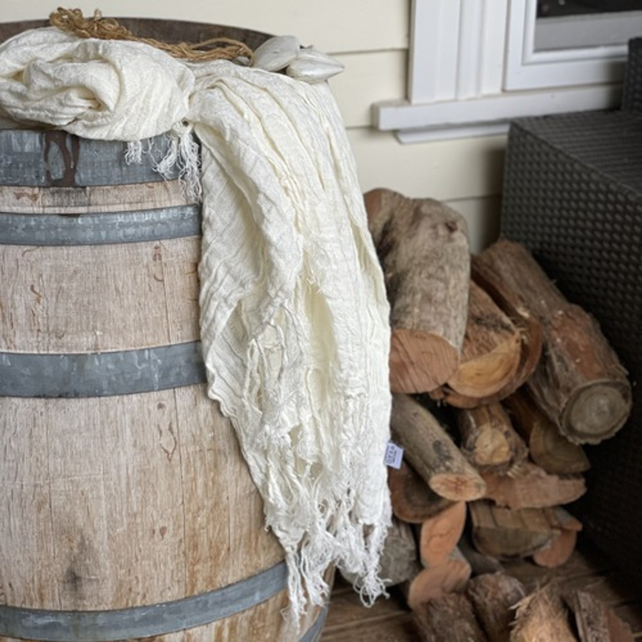 Ivory Fringed 100% Linen Throw/ Large Scarf