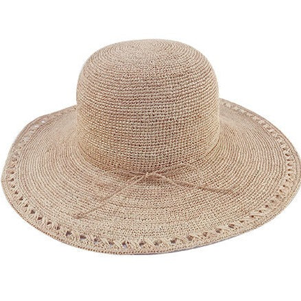 Hand Crochet Raffia Straw Wide Brim Sun Hat - Natural