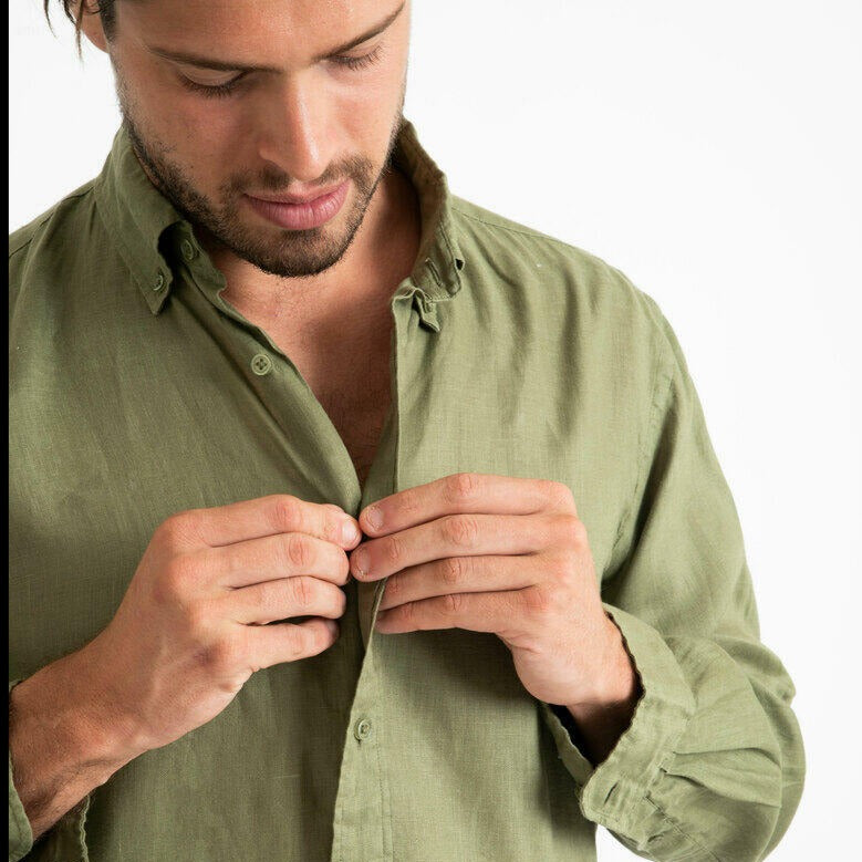 100% Linen Shirt Long Sleeve Olive