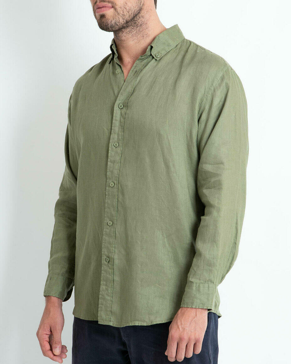 100% Linen Shirt Long Sleeve Olive